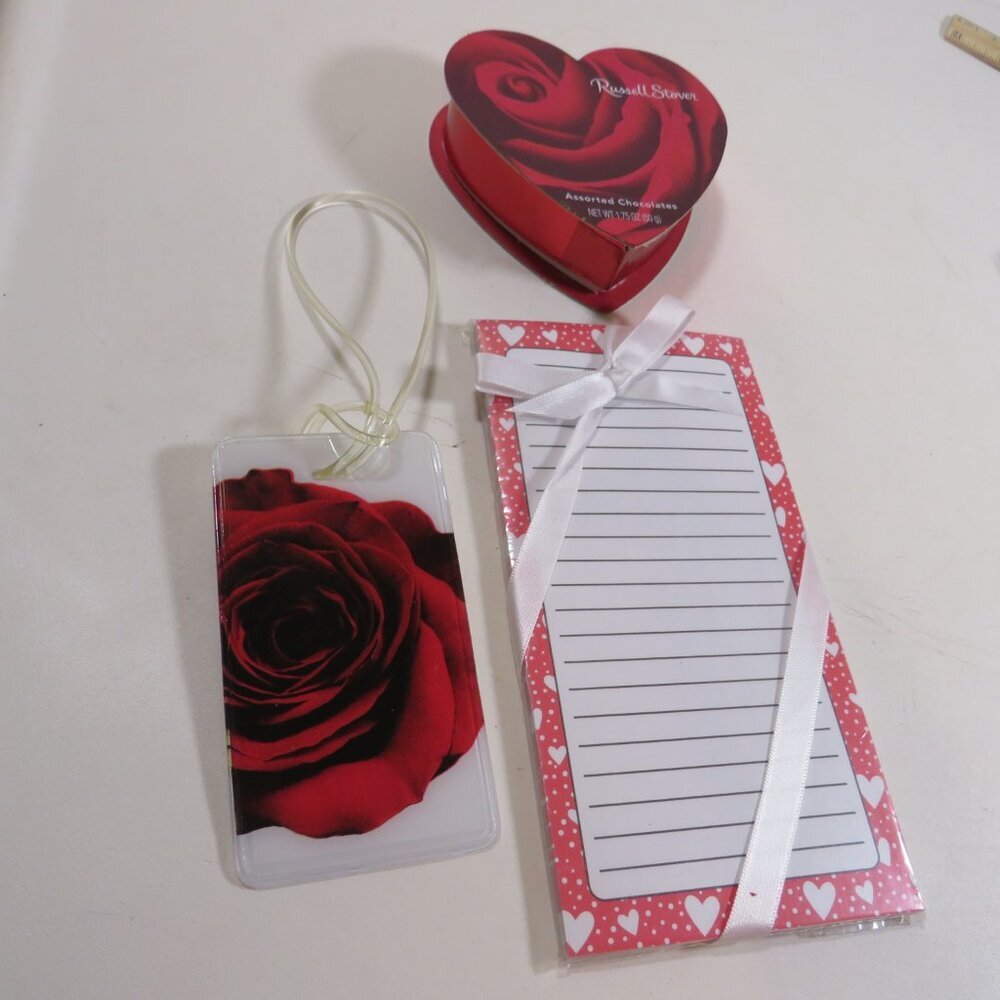 Roses & Hearts Magnetic Notepad, Luggage Tag & Heart Shaped Box